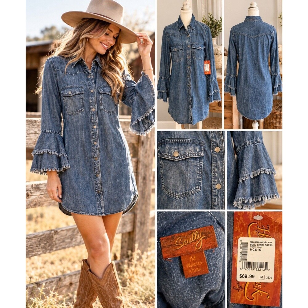 Scully Western Denim Shirt Dress M Bell Sleeve Fringe Cowgirl Boho Rodeo